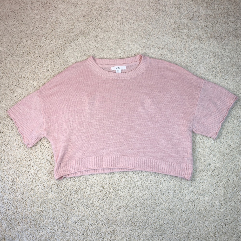 Wilt Short Sleeve Sweater Womens Medium Pink Linen Cotton Knit Crop Boxy Top